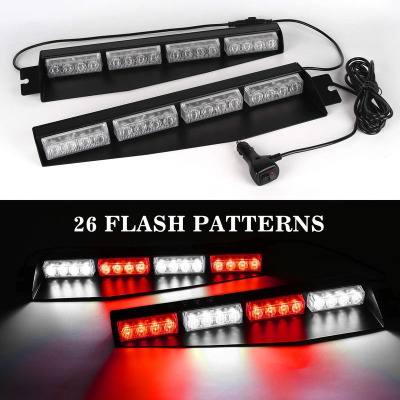 ASPL 32LED Visor Lights 26 Flash Patterns Windshield Emergency Hazard Warning Strobe Beacon Split Mount Deck Dash Lamp With Extend Bracket (Red/White/Red/White) - Image 2